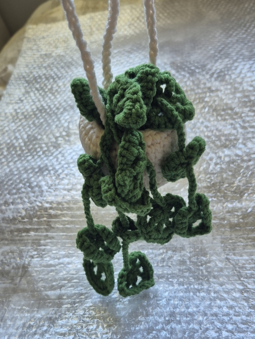 Handmade Crocheted Hanging Plant Decor in Green and Cream